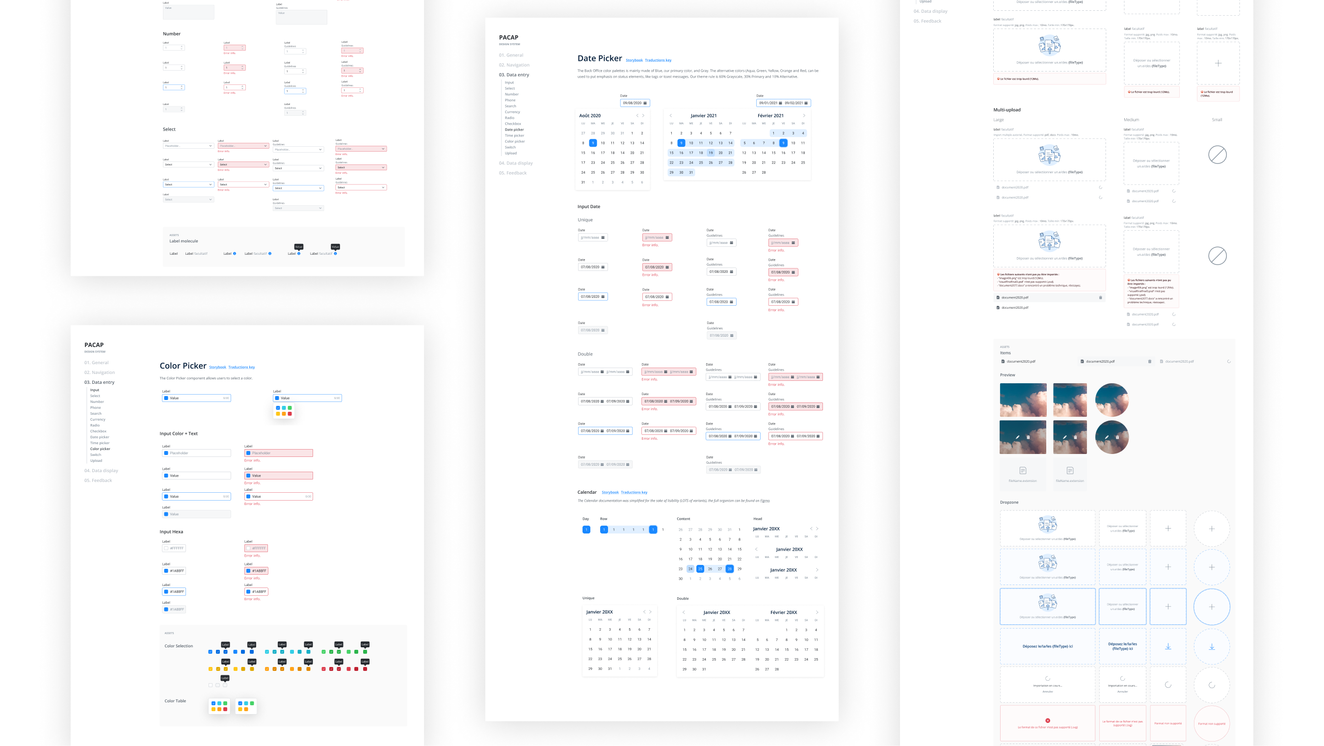 Artboards of the Design System documentation depicting components usage guidelines.